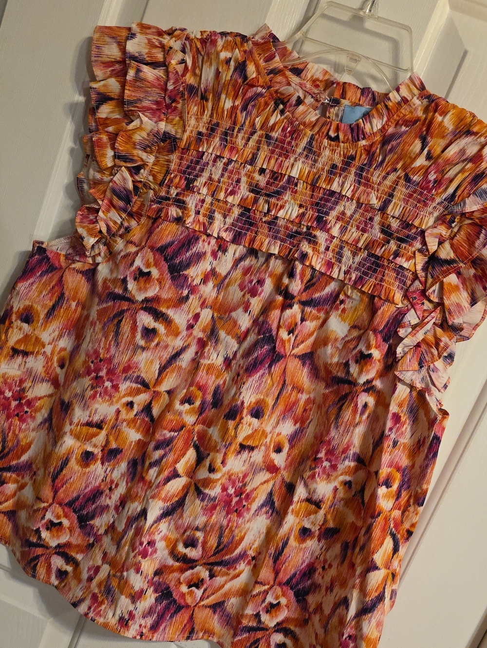 CeCe Pink Orange Floral Smocked Ruffle Blouse